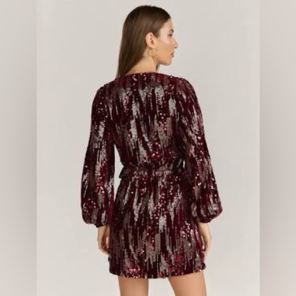 Lena Elegant Burgundy Sequin Wrap Dress - Picture 2 of 8